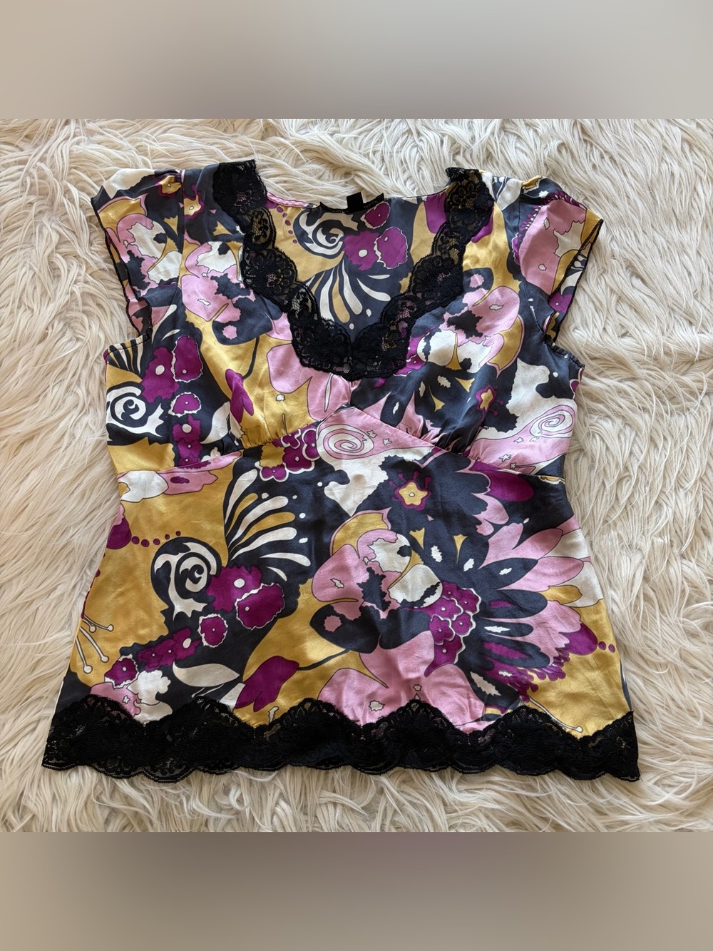 Vintage Y2K Jaloux Zalu 100% Silk Floral Blouse Top Lace Trim Whimsigoth Size M